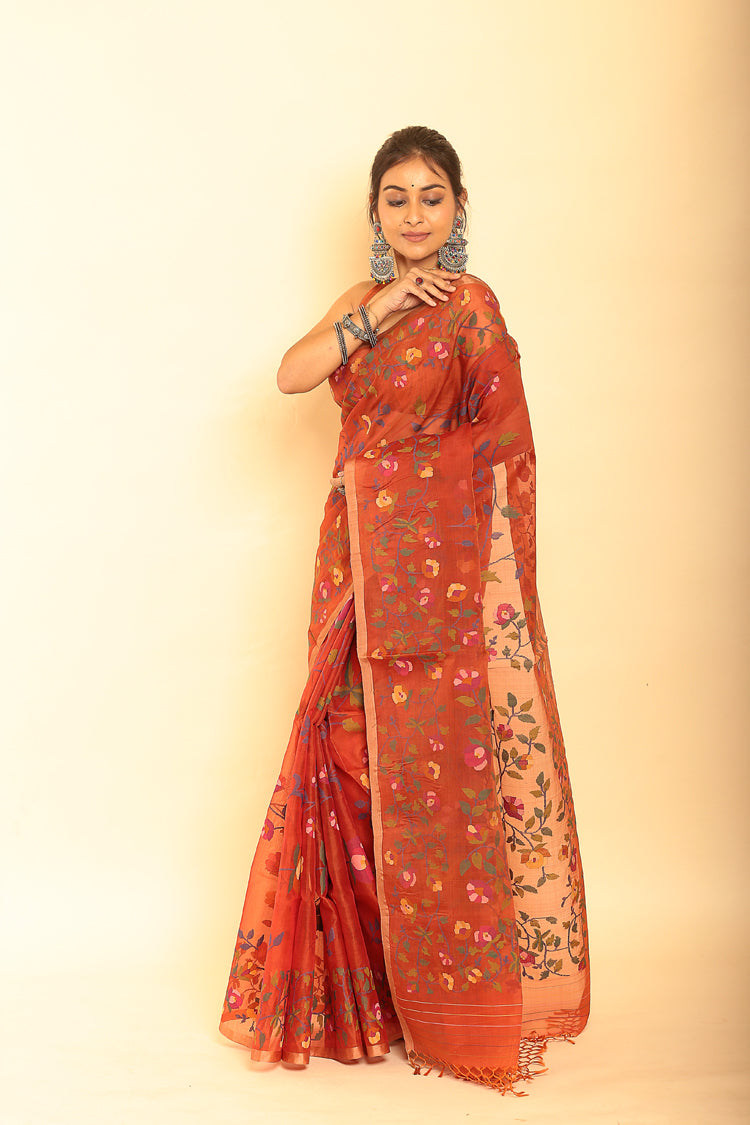 Muslin Jamdani in Candy Red Saree-069