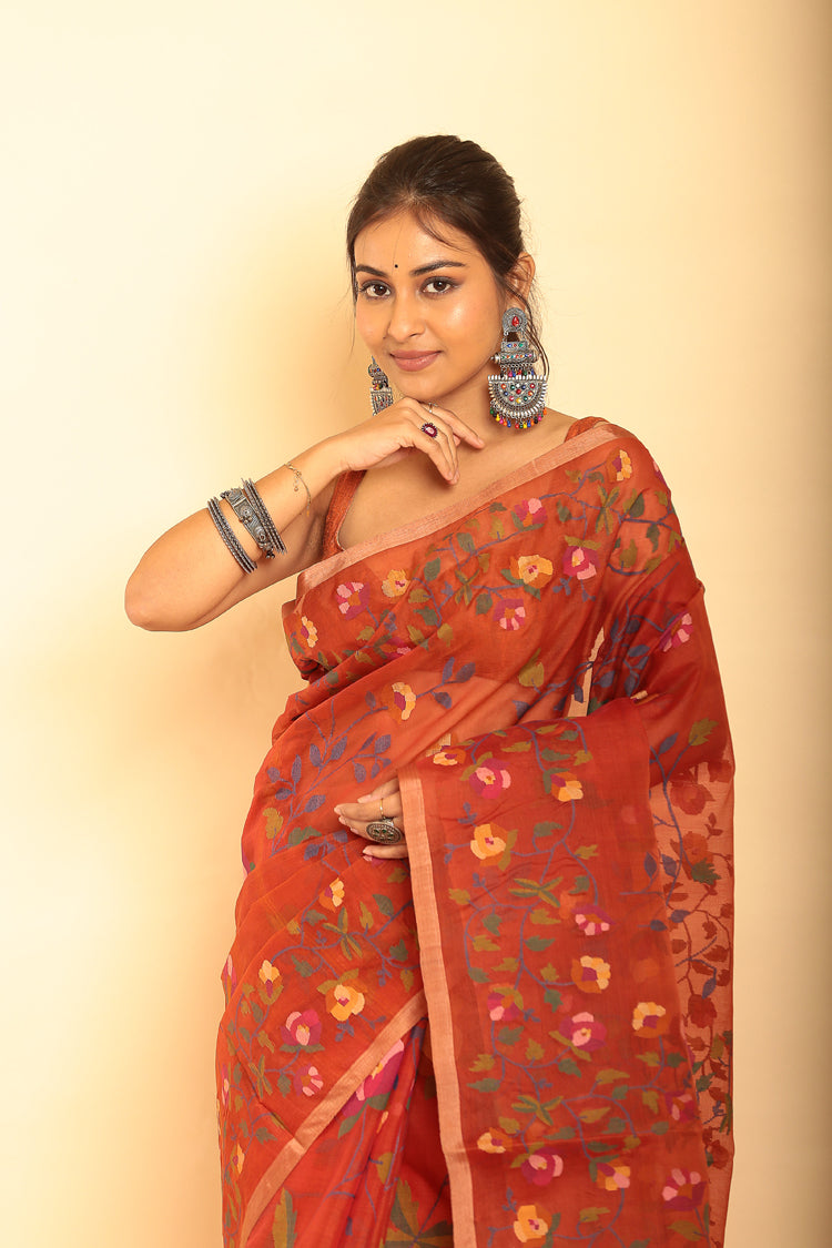 Muslin Jamdani in Candy Red Saree-069