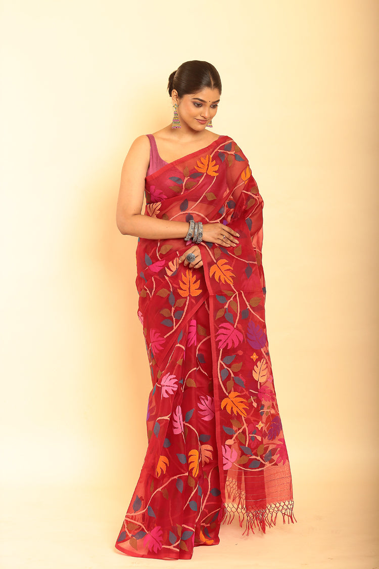 Mulin Jamdani in Cherry Red Saree-060