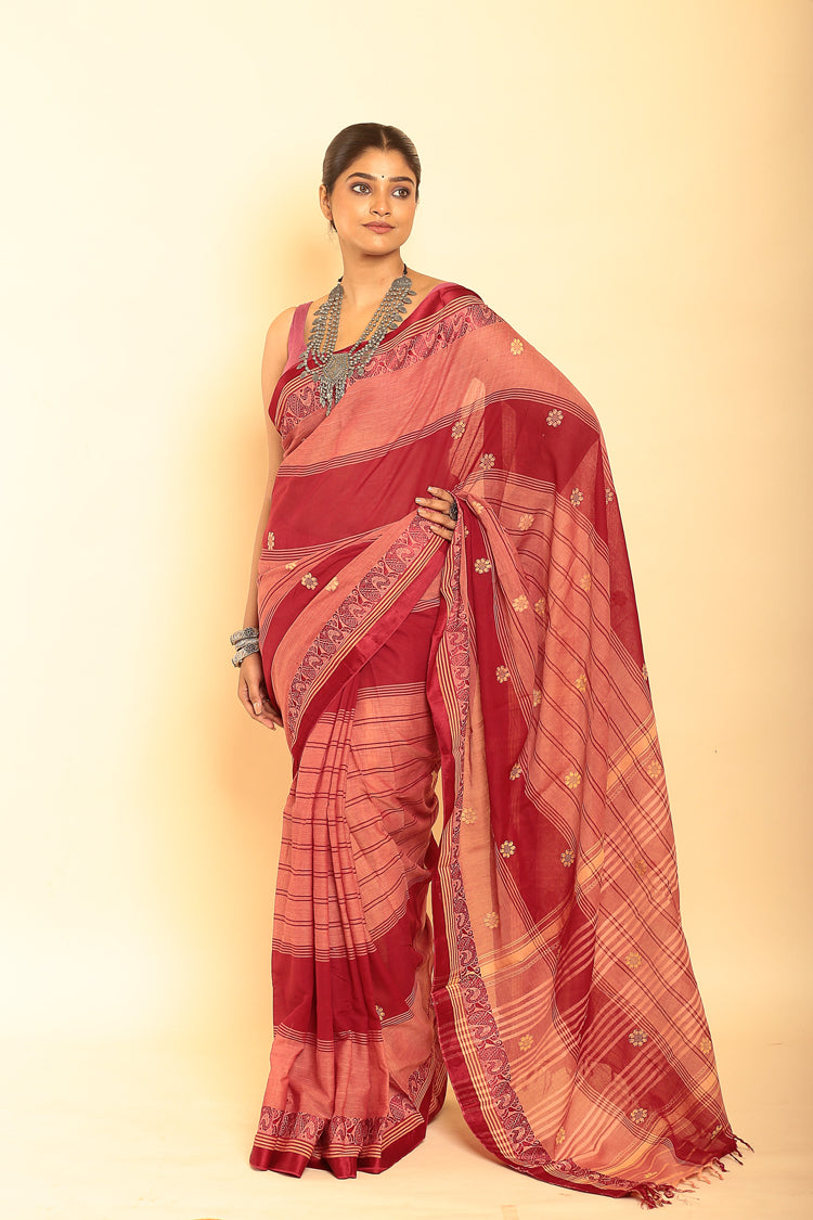 Cherry Red Handloom Cotton Saree-061