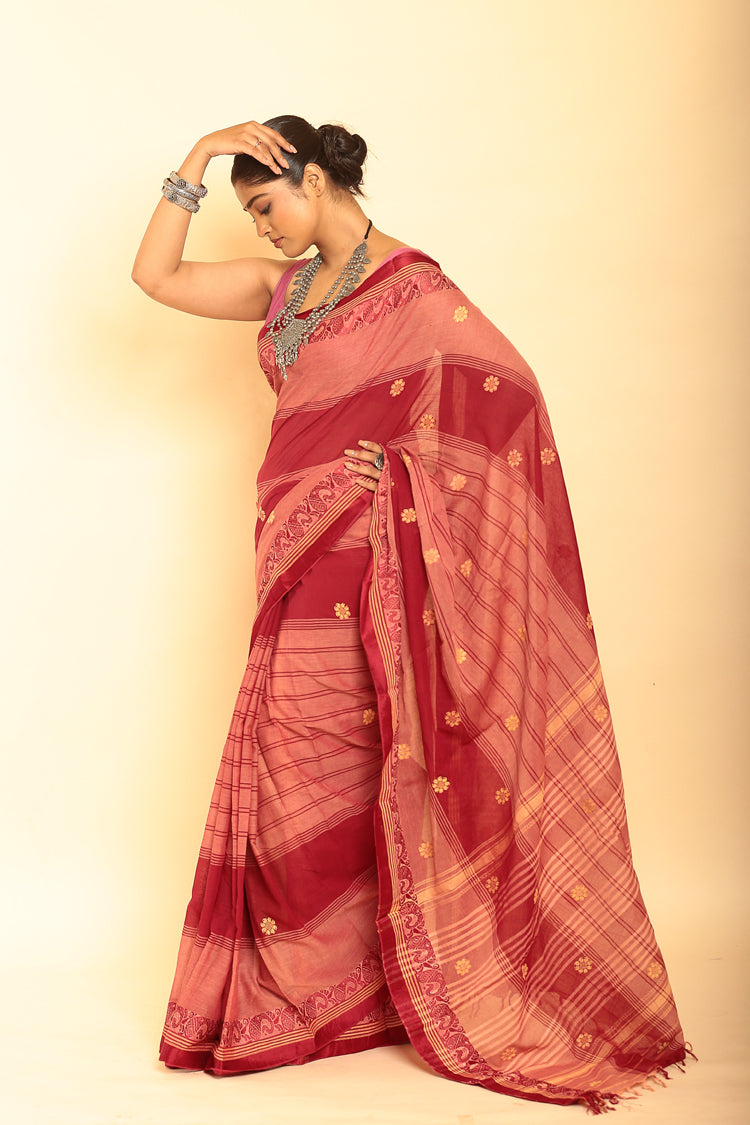 Cherry Red Handloom Cotton Saree-061