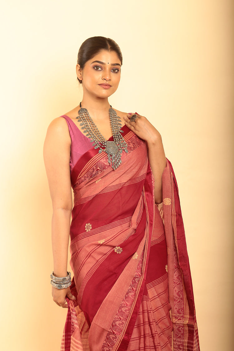 Cherry Red Handloom Cotton Saree-061