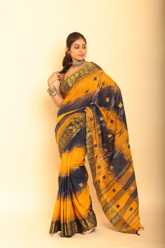 Yellow and Black Handloom Cotton Saree-073