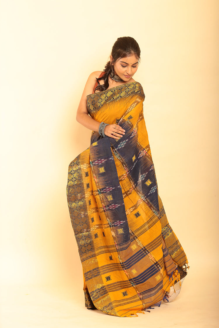 Yellow and Black Handloom Cotton Saree-073