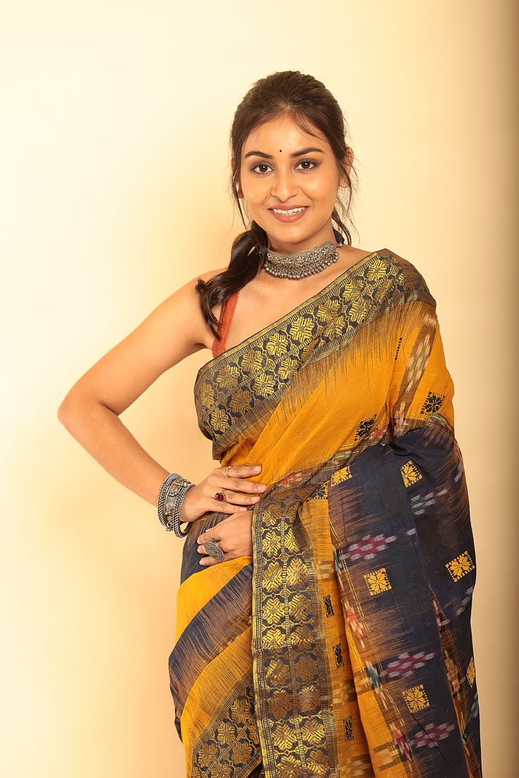 Yellow and Black Handloom Cotton Saree-073