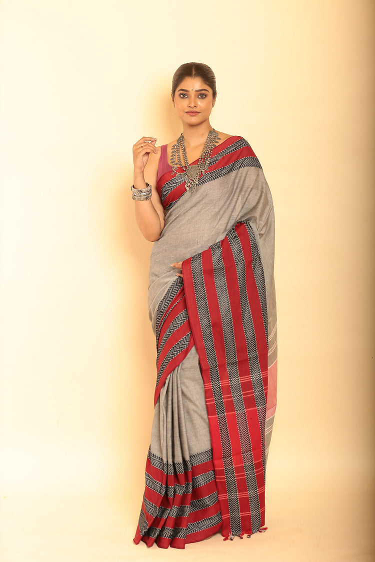 Grey and Red Border Handloom Cotton Saree-077