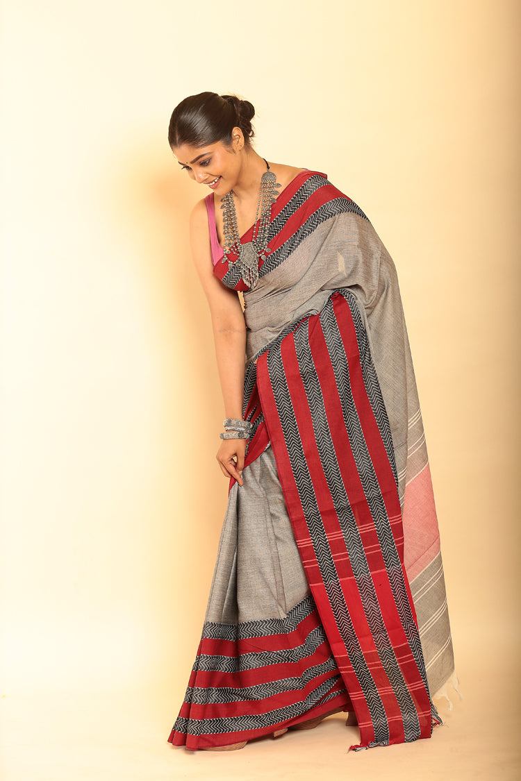 Grey and Red Border Handloom Cotton Saree-077