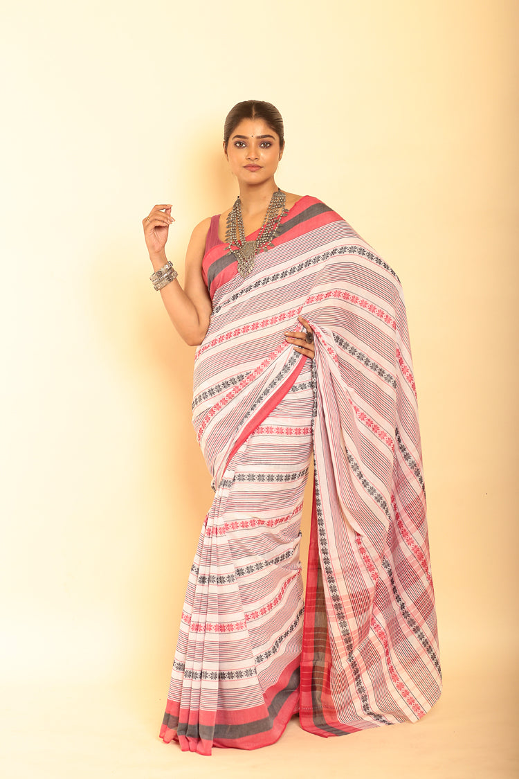 Cream and Pale Red Border Handloom Cotton Saree-079