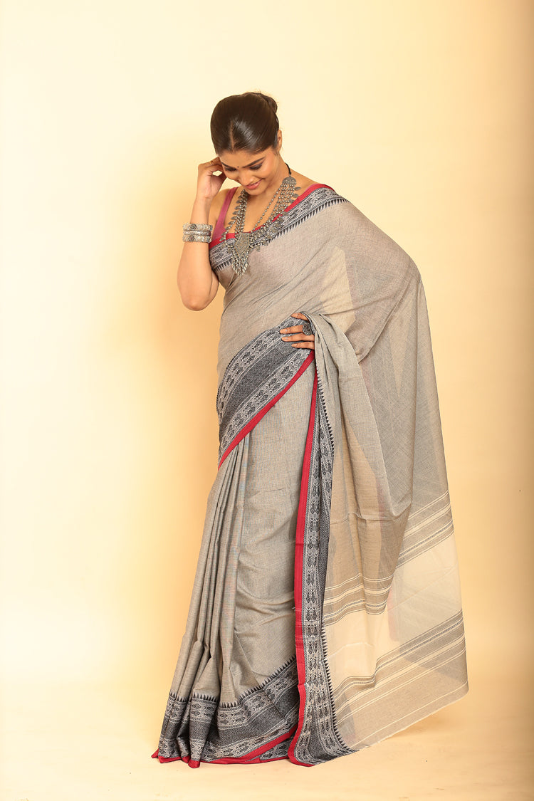 Gray and REd Border Handloom Cotton Saree-080