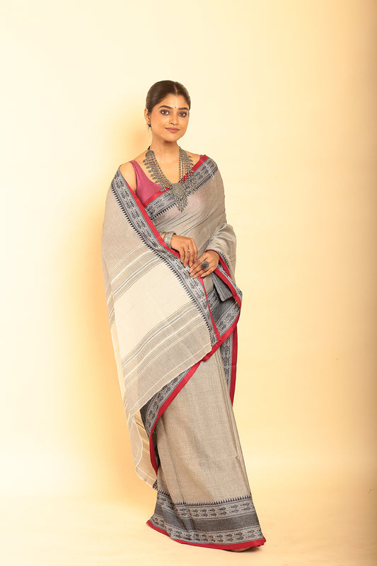 Gray and REd Border Handloom Cotton Saree-080