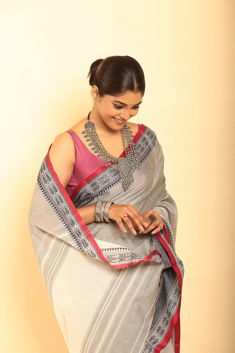 Gray and REd Border Handloom Cotton Saree-080