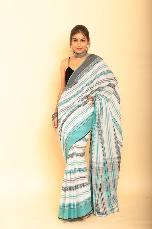 White and Baby Blue Border Handloom Cotton Saree(Pre-Order)-082