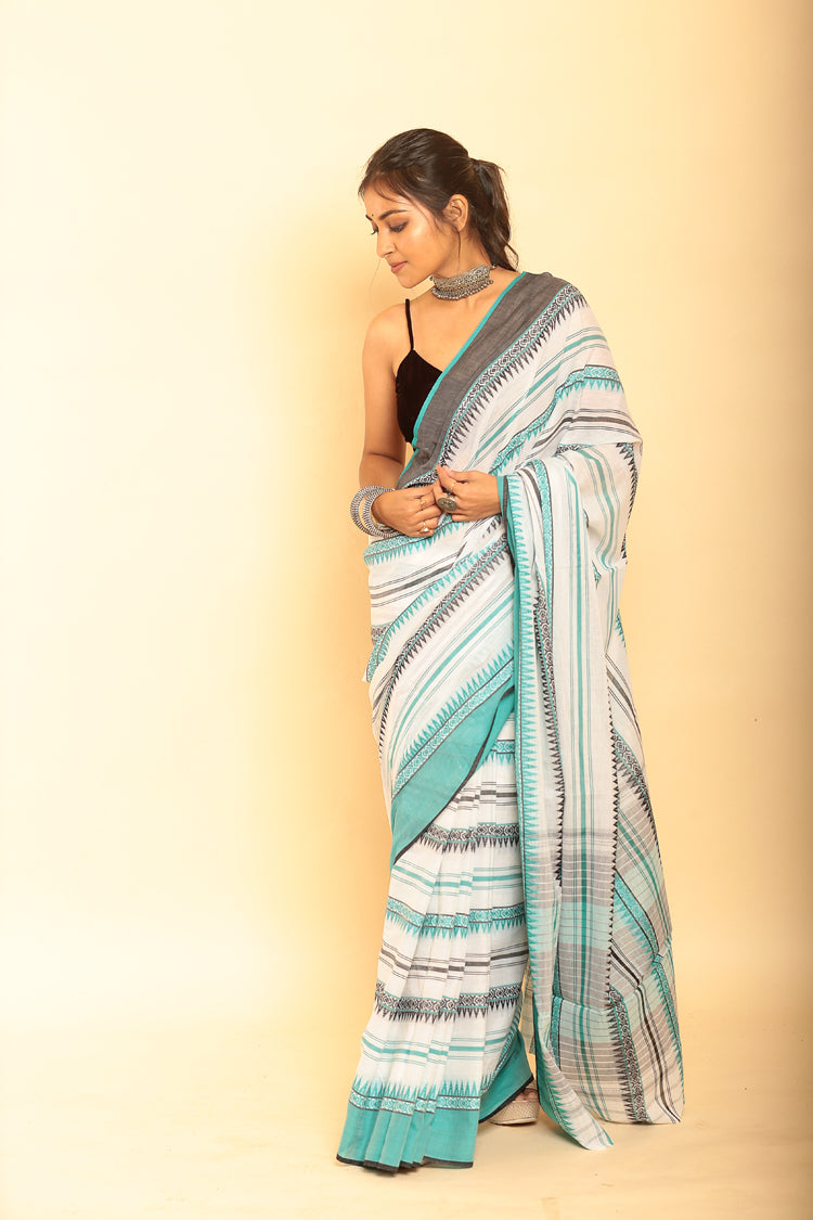 White and Baby Blue Border Handloom Cotton Saree(Pre-Order)-082