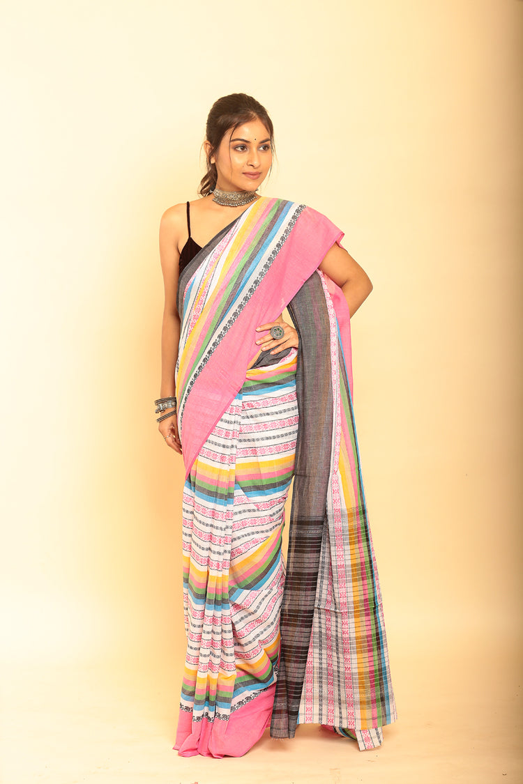 Multicolor and Baby Pink Border Handloom Cotton Saree(Pre-Order)-085