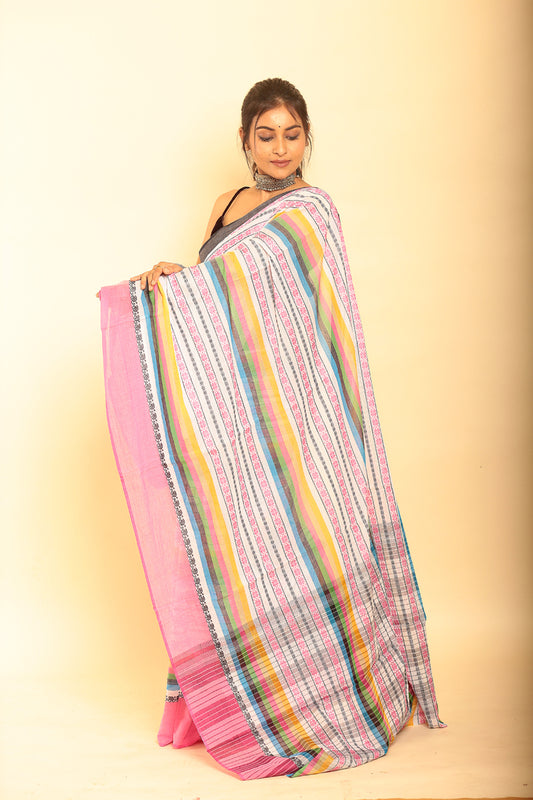 Multicolor and Baby Pink Border Handloom Cotton Saree(Pre-Order)-085