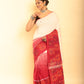 White and Cherry Red Handloom Cotton Saree-086