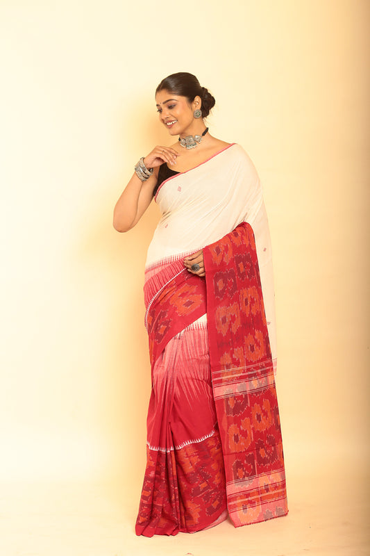 White and Cherry Red Handloom Cotton Saree-086