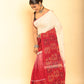 White and Cherry Red Handloom Cotton Saree-086