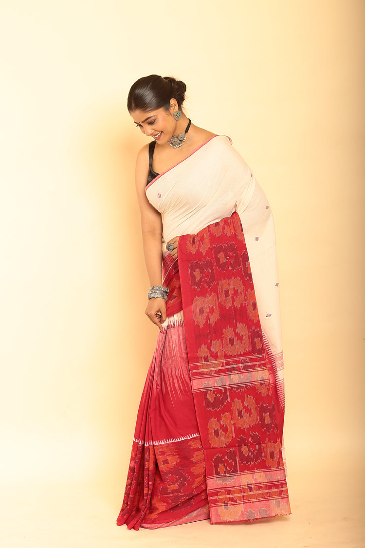 White and Cherry Red Handloom Cotton Saree-086