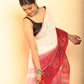 White and Cherry Red Handloom Cotton Saree-086