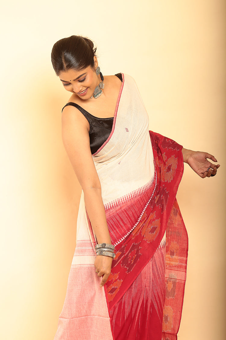 White and Cherry Red Handloom Cotton Saree-086