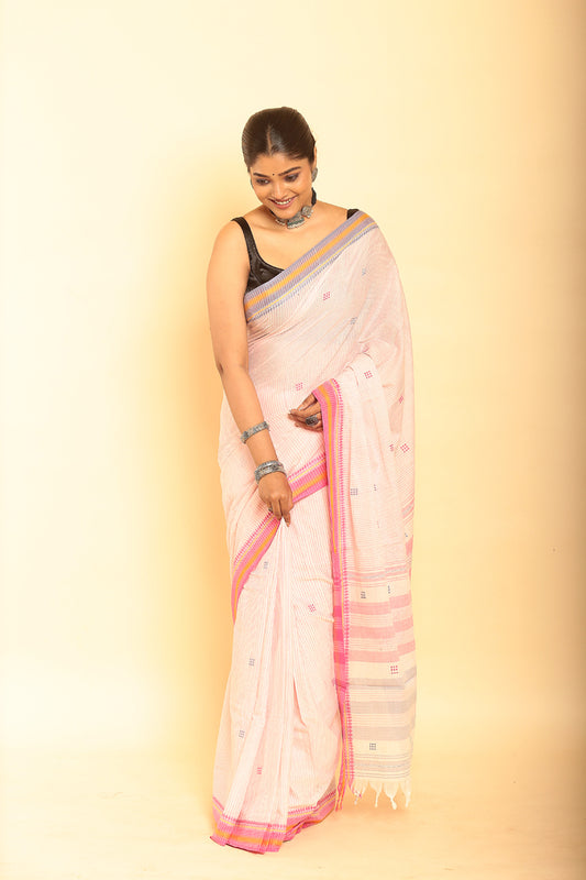 White and Pink Border Handloom Cotton Saree-090