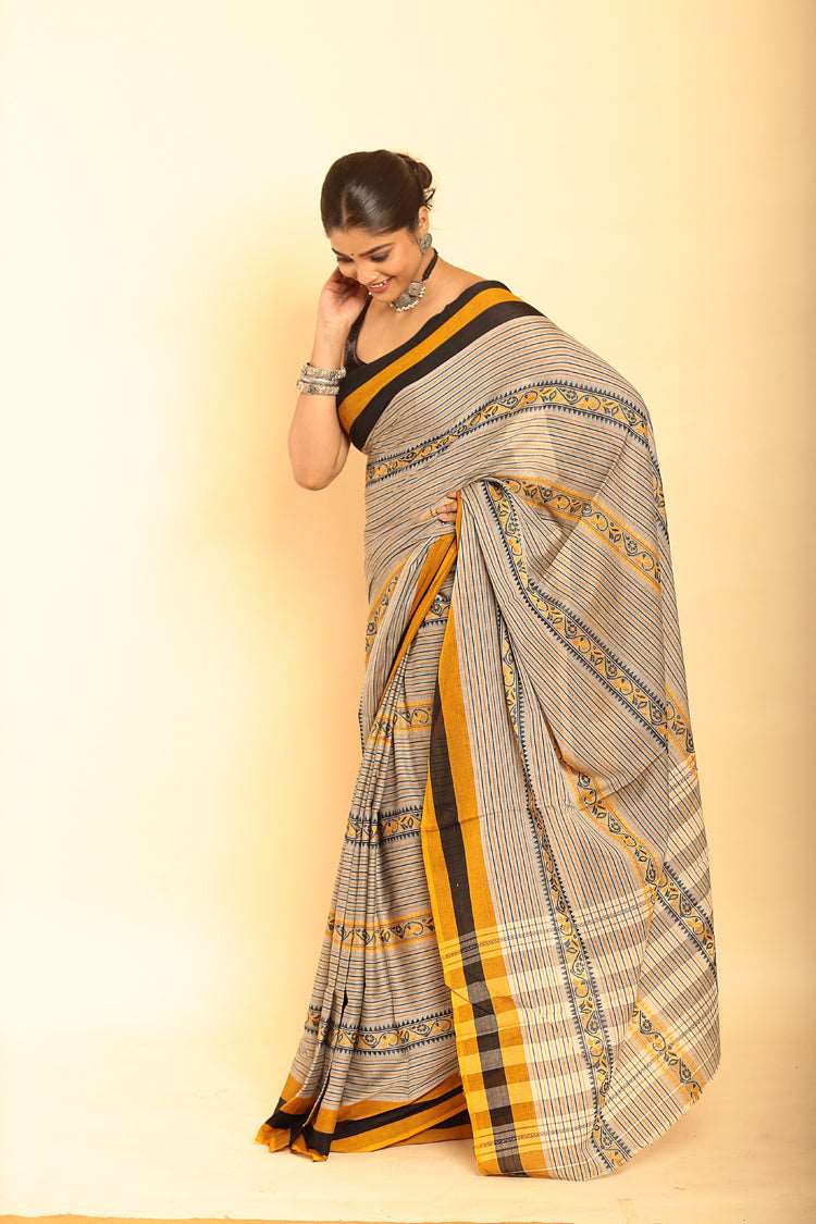 Black and Yellow Border Handloom Cotton Saree-091