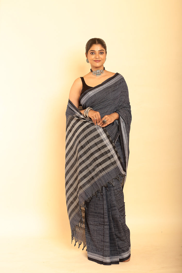 Black and White Border Handloom Cotton Saree-093