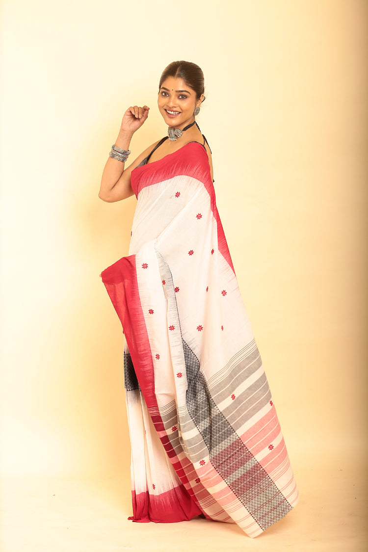 Salt White and Red Border Handloom Cotton Saree-095