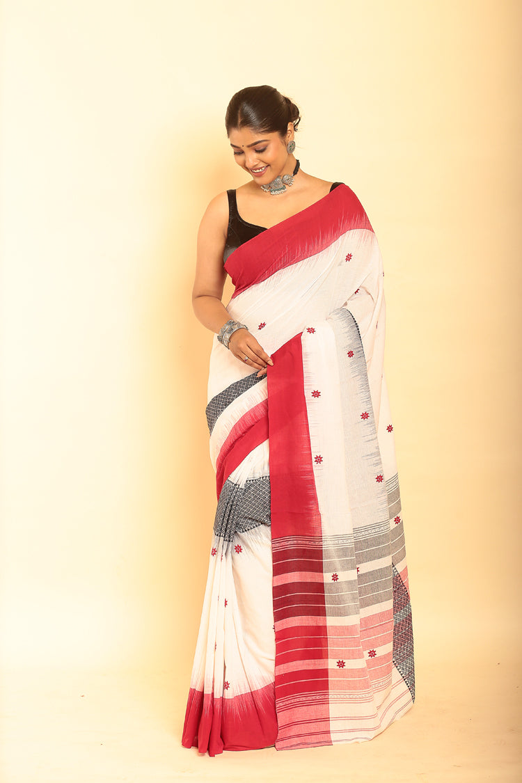 Salt White and Red Border Handloom Cotton Saree-095