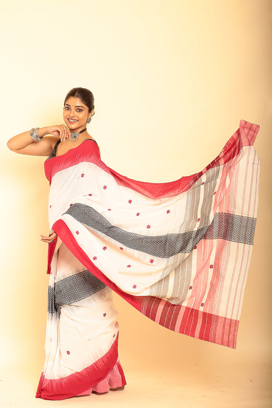 Salt White and Red Border Handloom Cotton Saree-095