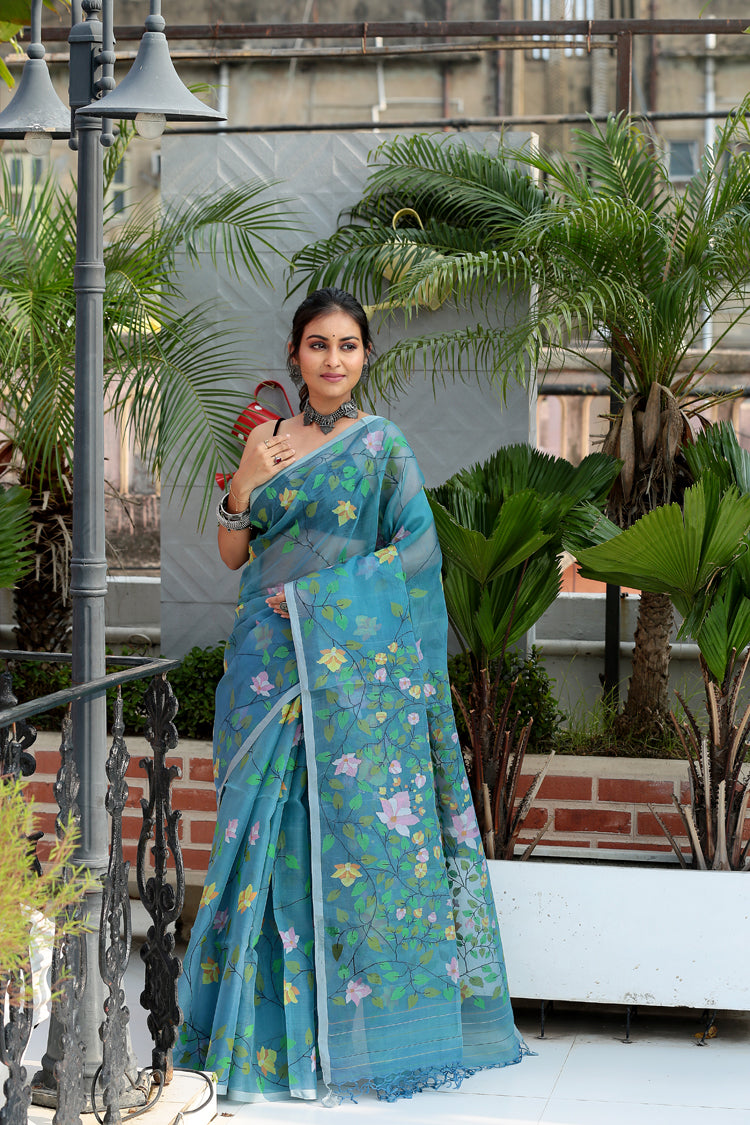 Olympic Blue Muslin Jamdani Saree-071