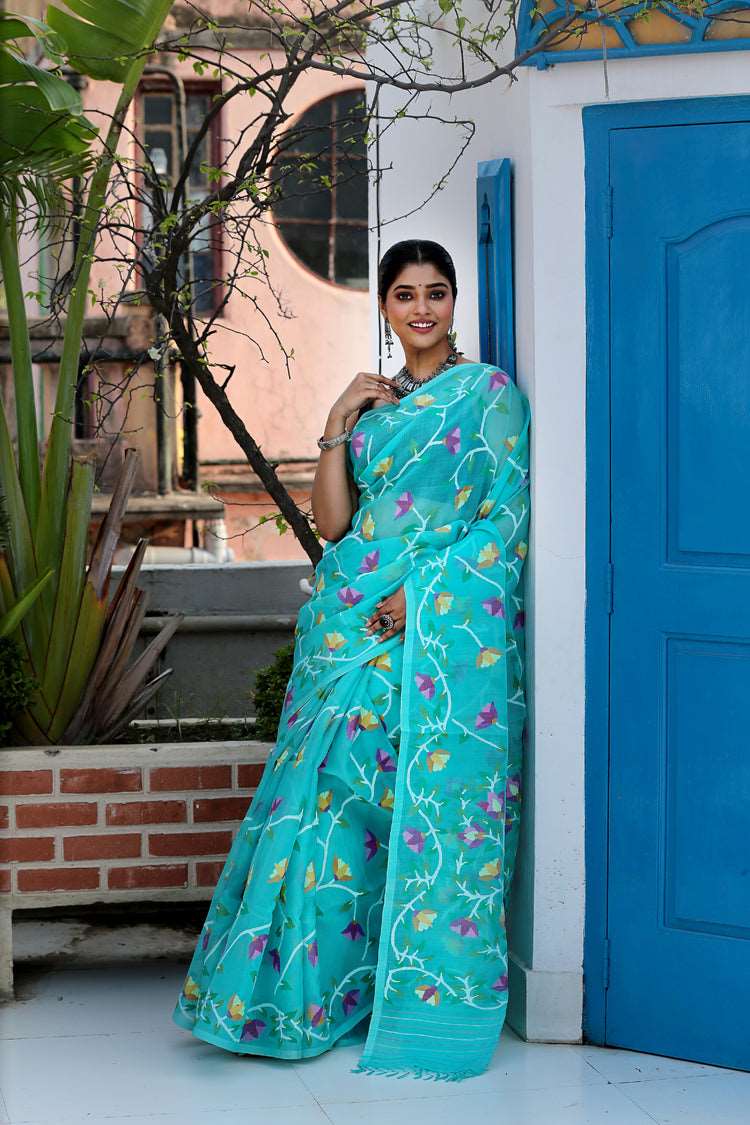 Azure Blue Muslin Jamdani Saree-074