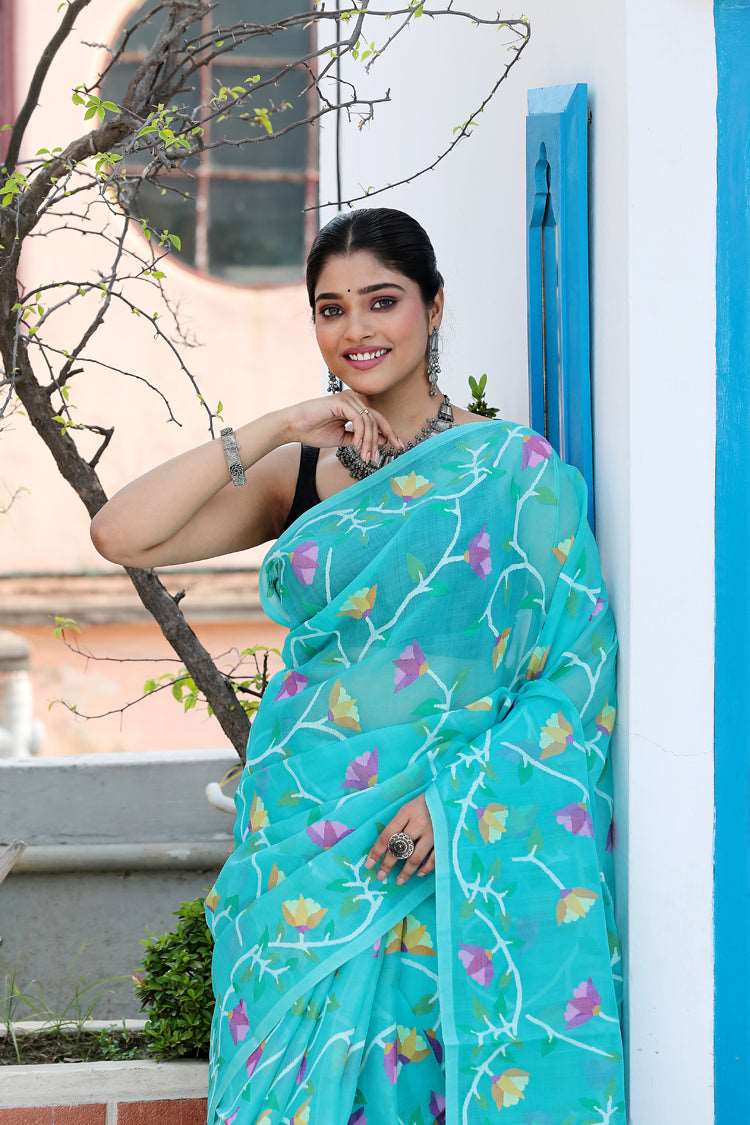 Azure Blue Muslin Jamdani Saree-074