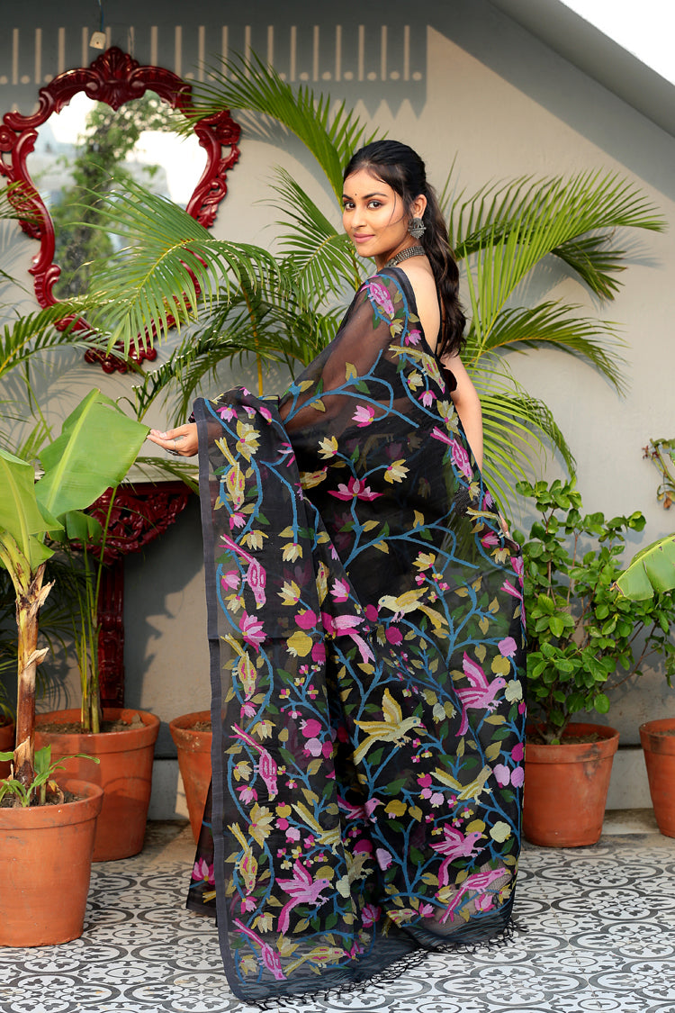 Multicolor Leafs Muslin Jamdani Saree-084