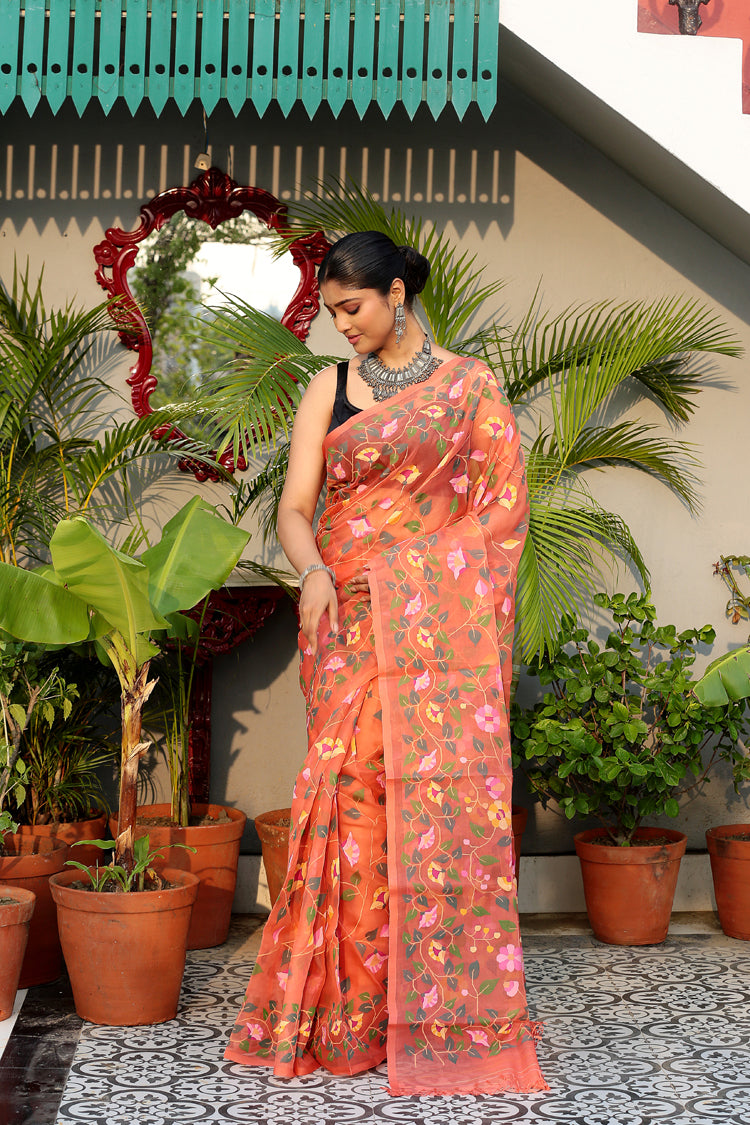 Orange Muslin Jamdani Saree-079