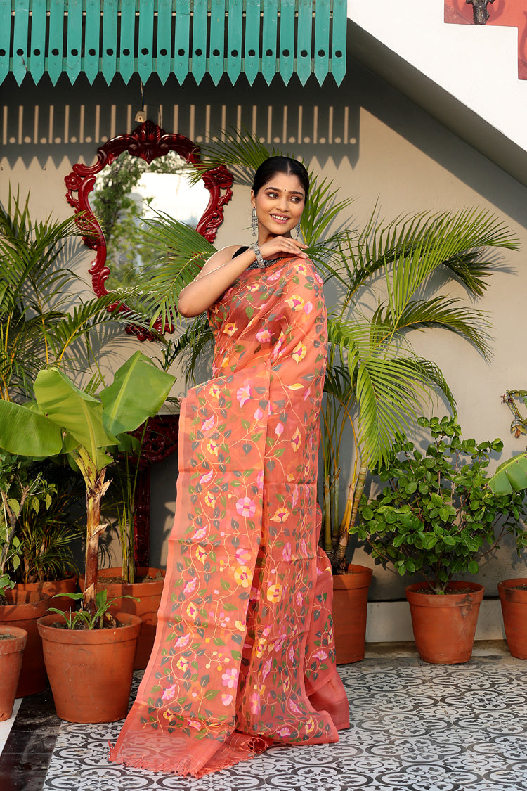 Orange Muslin Jamdani Saree-079