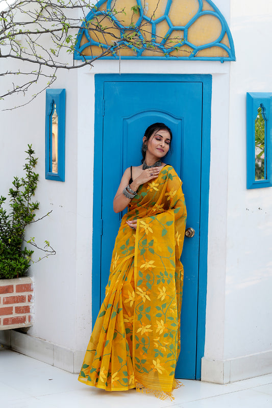 Cyber Yellow Muslin Jamdani Saree-083