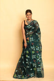 Blue and Green Leafs Muslin Jamdani Saree-089