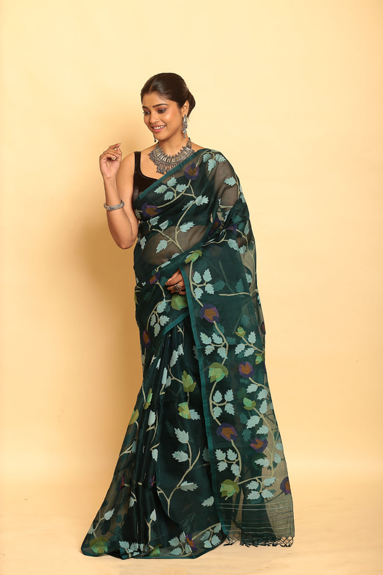 Blue and Green Leafs Muslin Jamdani Saree-089