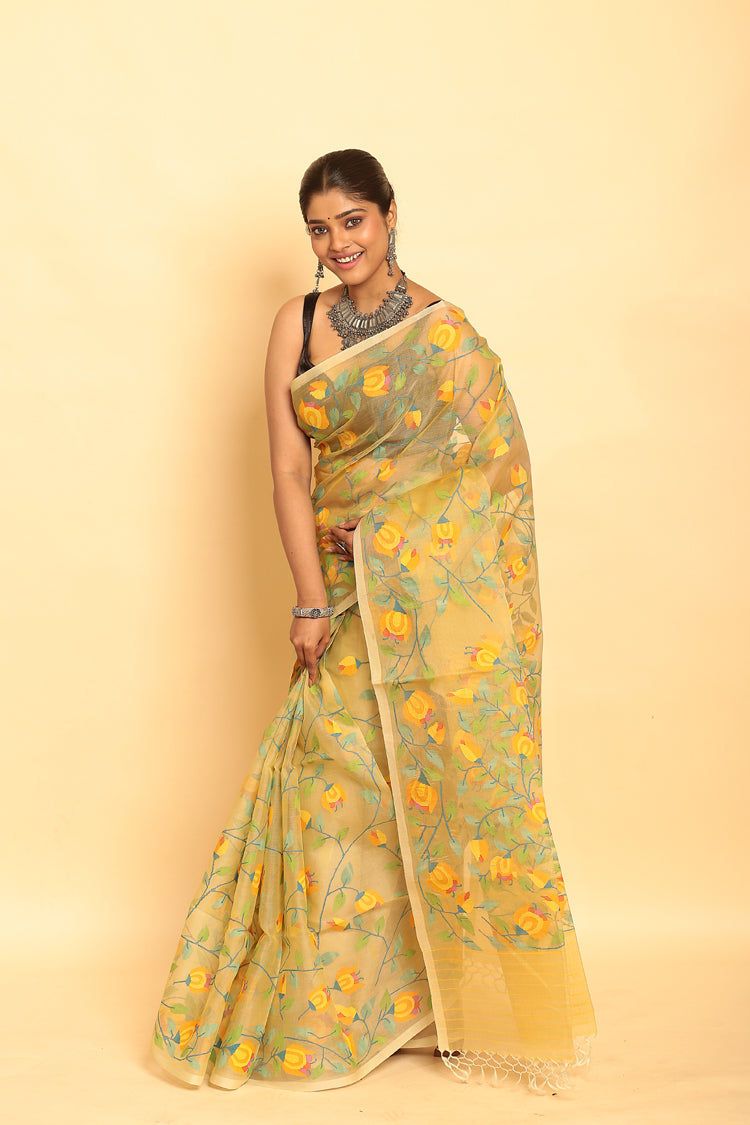 Lemon Green Muslin Jamdani Saree-092