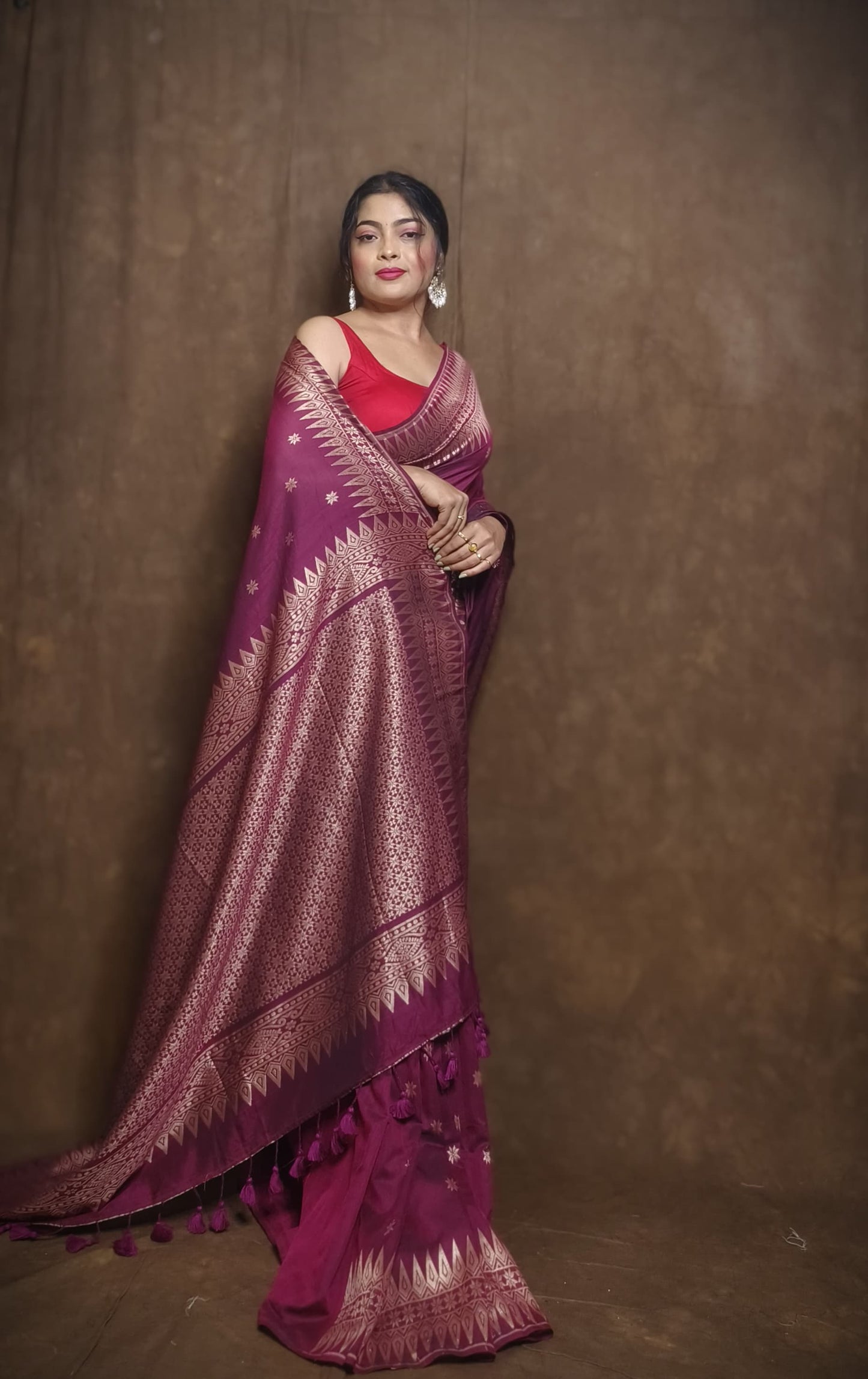 Mercerized cotton jamdani saree With Wine Red -092