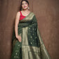 Mercerized cotton jamdani saree With Dark Green -091 - indeloom