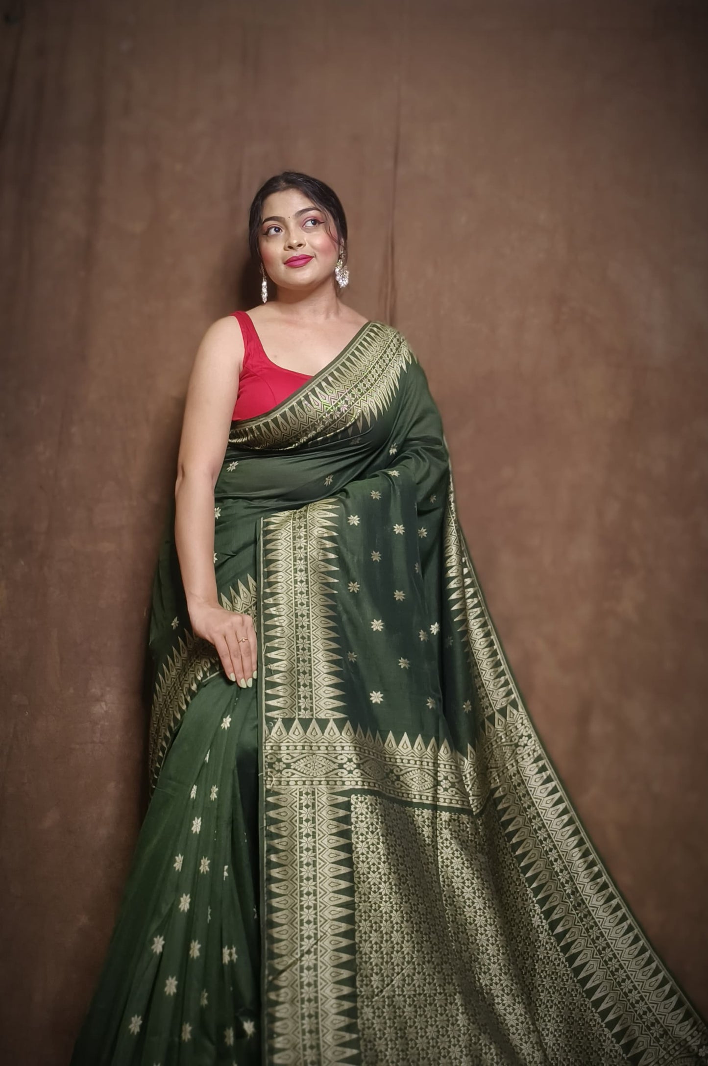 Mercerized cotton jamdani saree With Dark Green -091 - indeloom