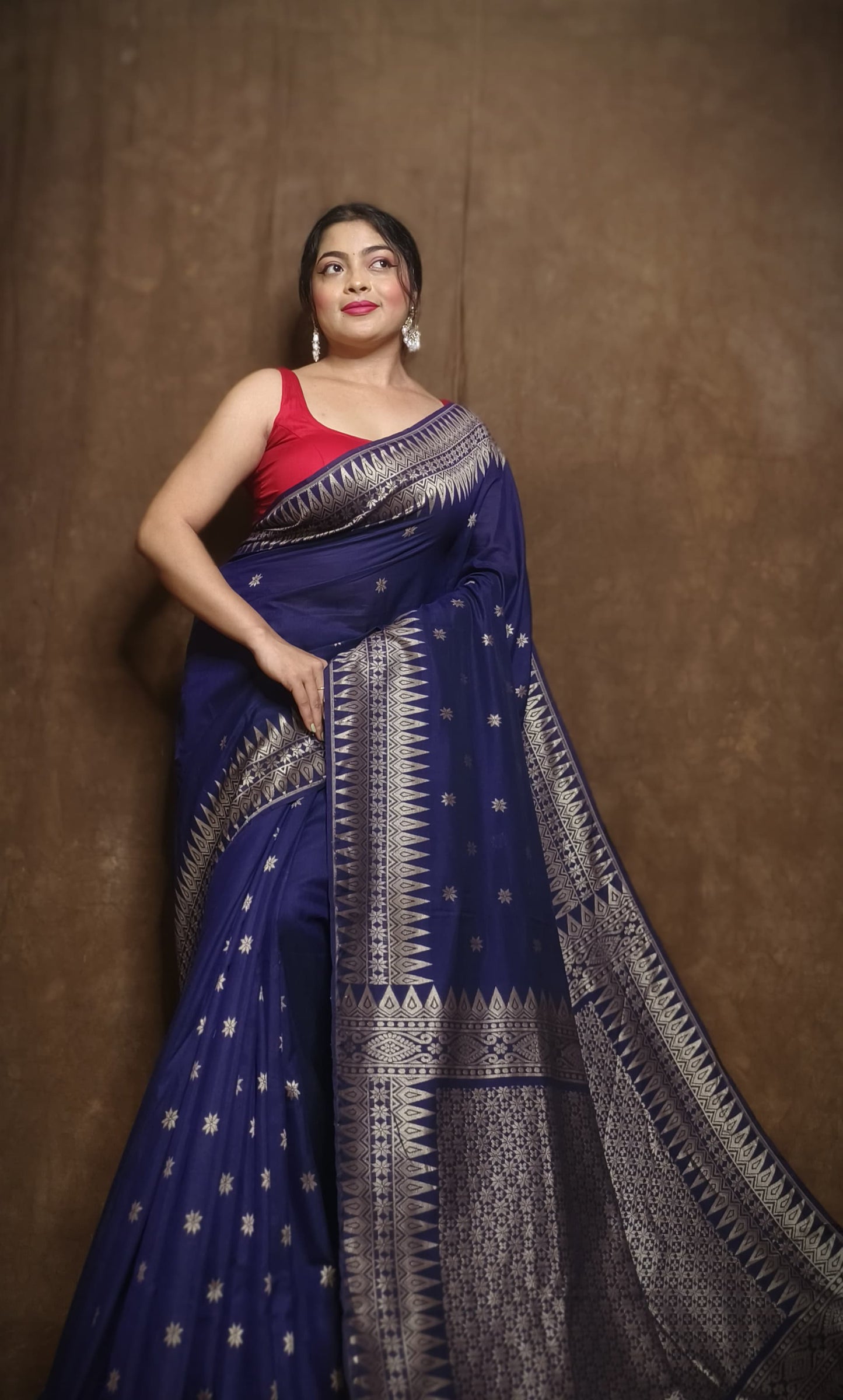 Mercerized cotton jamdani saree With  Berry Blue -090