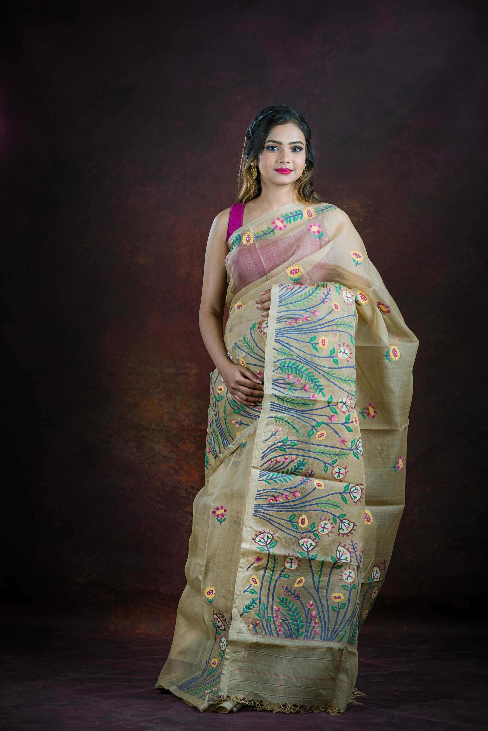 Beige Multicolor Floral Garden Jamdani Silk Saree(Pre-Order)-038