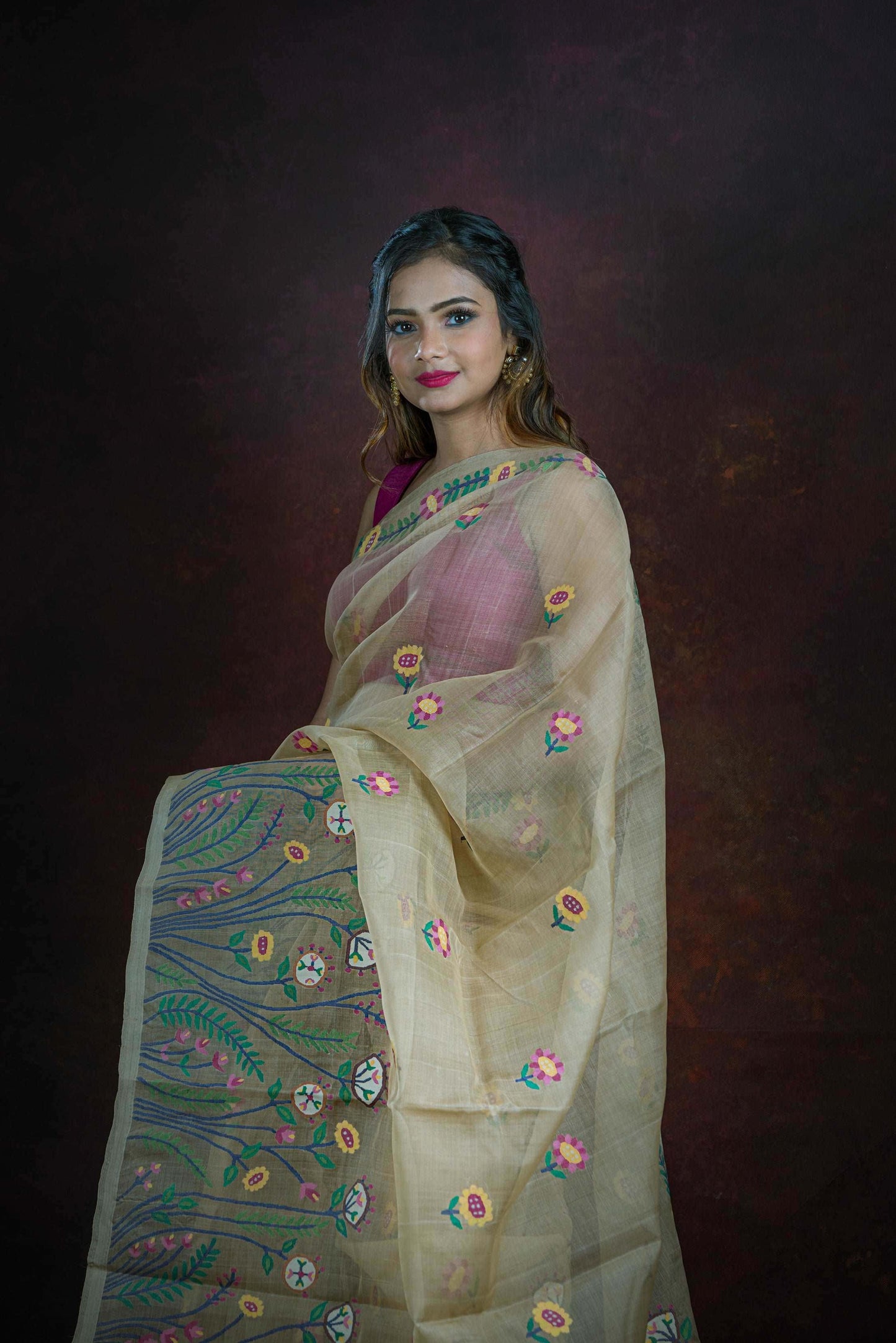 Beige Multicolor Floral Garden Jamdani Silk Saree(Pre-Order)-038