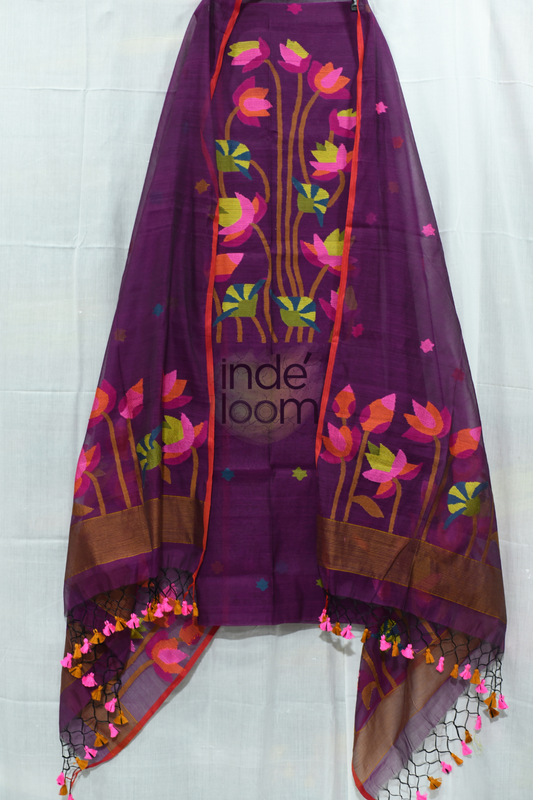 Cotton Jamdani 2 Piece Set Kurti & Dupatta with Wine Purple - 138