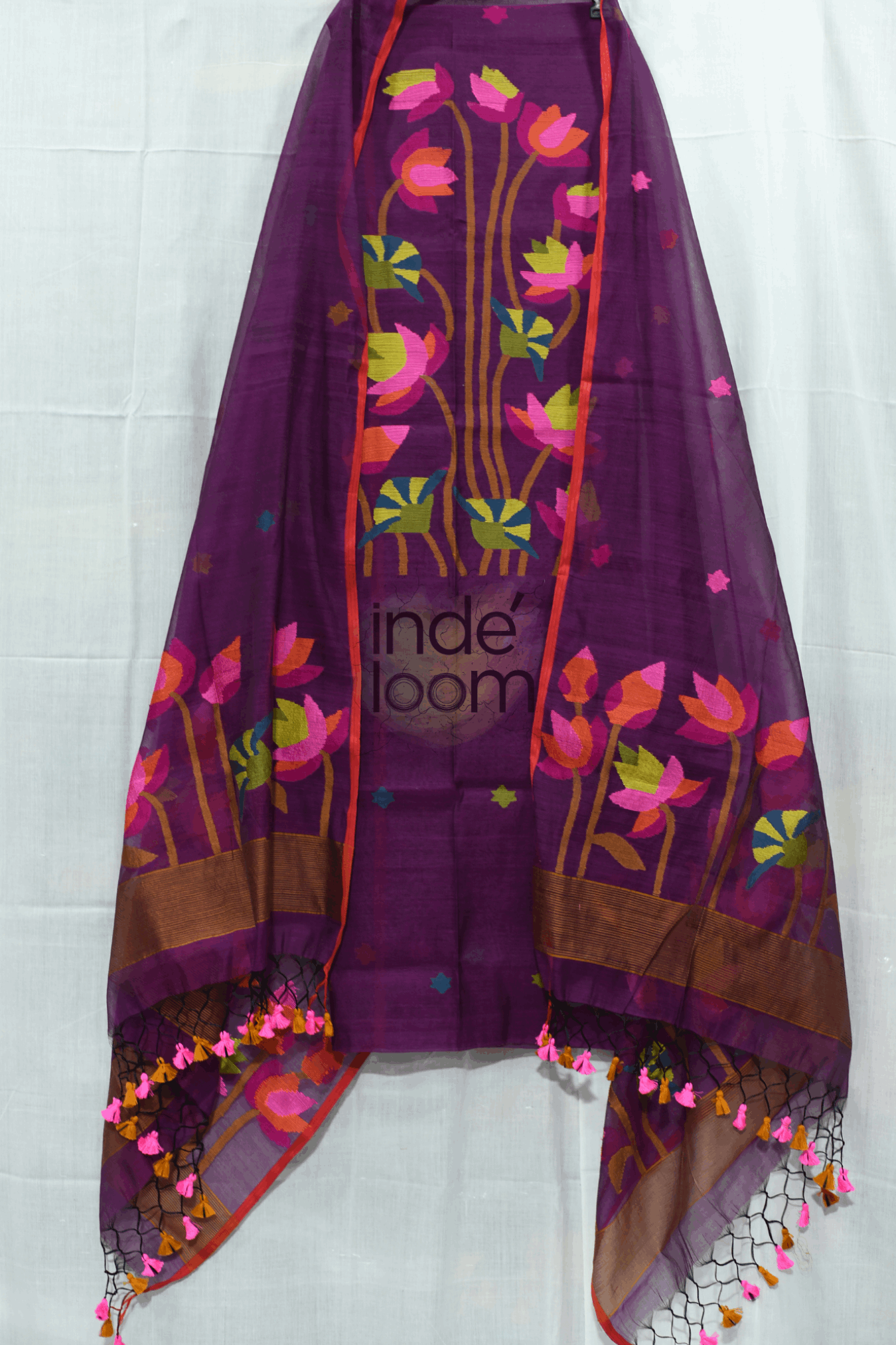 Cotton Jamdani 2 Piece Set Kurti & Dupatta with Wine Purple - 138