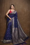 Mercerized cotton jamdani saree With  Berry Blue -090